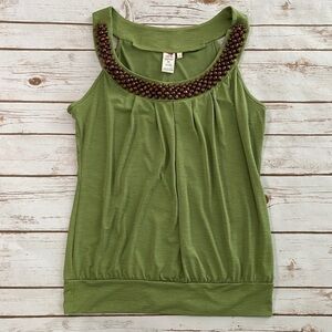 Olive Green with Beaded Neckline Blouse Tank